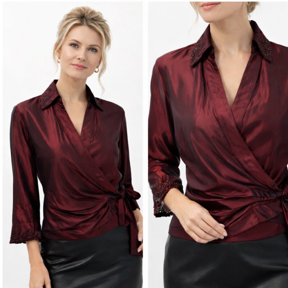 Joseph Ribkoff Satin Burgundy Wrap Blouse With Beaded Trim Size 8